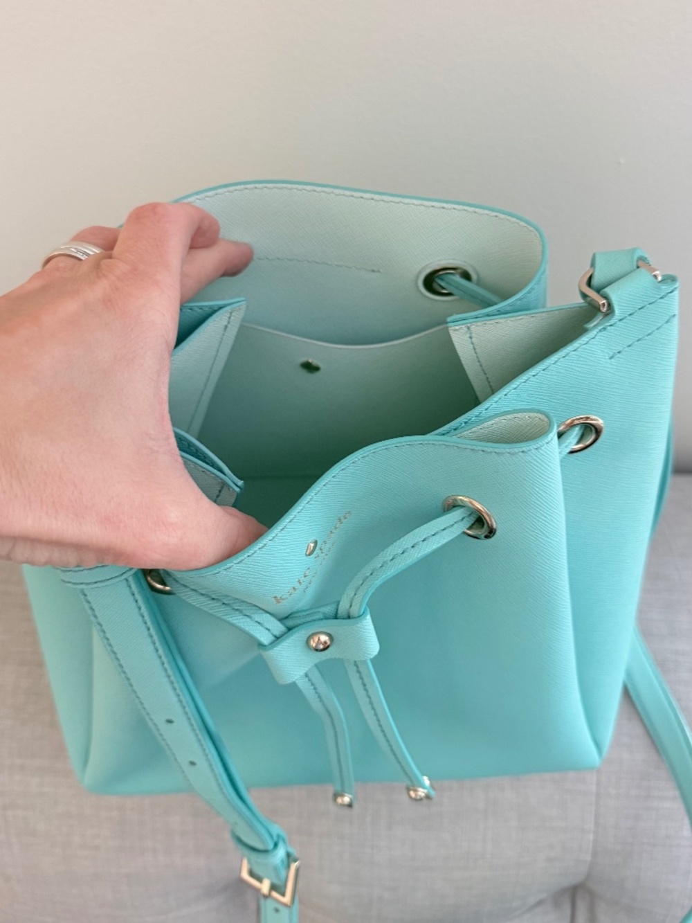 Kate Spade New York Small Saffiano Leather Bucket Bag in Aqua/Mint - Picture 3 of 5